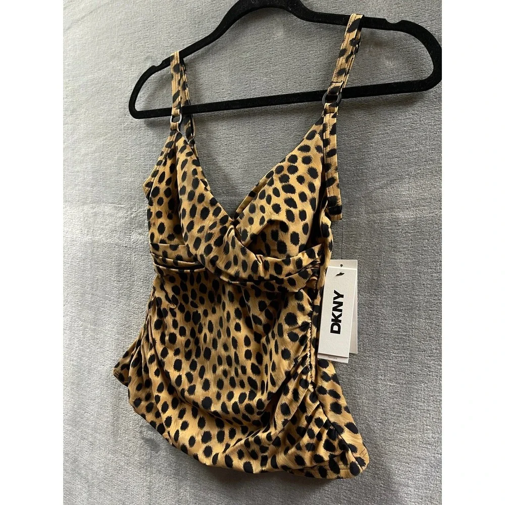 DKNY Womens Leopard Print Tankini Top‎ Brown Black Ruched Swimwear Sz S $60